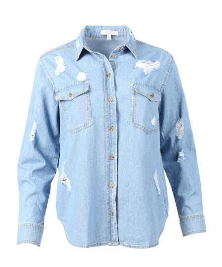 Women's Relaxed Long Sleeve Distress Chambray Denim Button Down Shirt