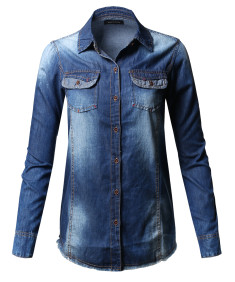 Women's Raw Hem Long Sleeve Chambray Denim Button Down Shirt