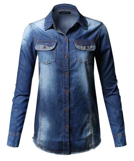 Women's Raw Hem Long Sleeve Chambray Denim Button Down Shirt