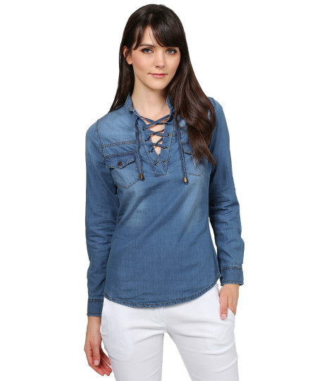 Women's Fashionable Roll Up Long Sleeve Mandarin Collard Neck with Lace Up Denim Shirt