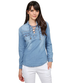 Women's Fashionable Roll Up Long Sleeve Mandarin Collard Neck with Lace Up Denim Shirt