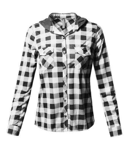 Women's Checkered Plaid Button Up Shirt With Contrast Hoodie