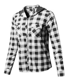 Women's Checkered Plaid Button Up Shirt With Contrast Hoodie