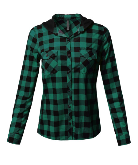 Women's Checkered Plaid Button Up Shirt With Contrast Hoodie