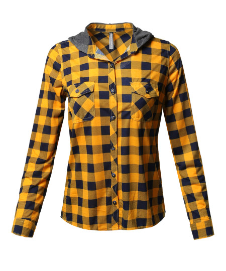 Women's Checkered Plaid Button Up Shirt With Contrast Hoodie