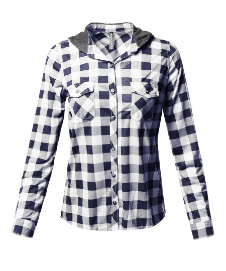 Women's Checkered Plaid Button Up Shirt With Contrast Hoodie