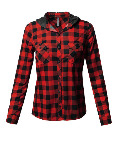 Women's Checkered Plaid Button Up Shirt With Contrast Hoodie