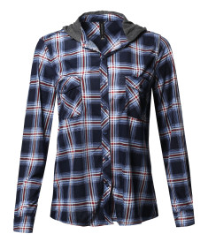 Women's Checkered Plaid Button Down Shirt with Contrast Hood