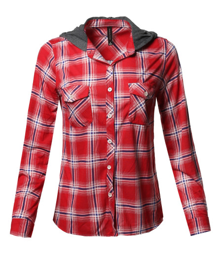 Women's Checkered Plaid Button Down Shirt with Contrast Hood