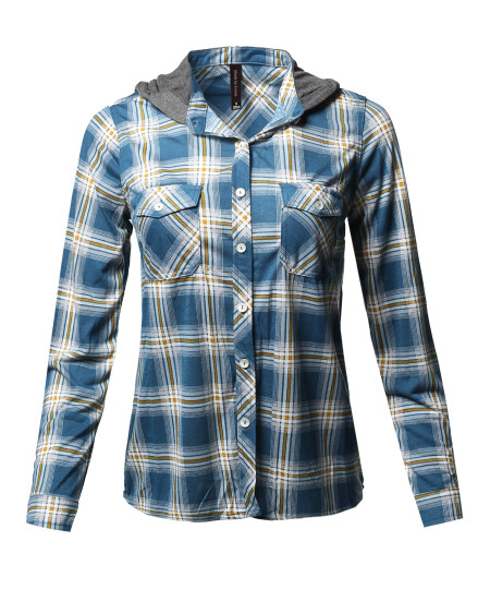 Women's Checkered Plaid Button Down Shirt with Contrast Hood