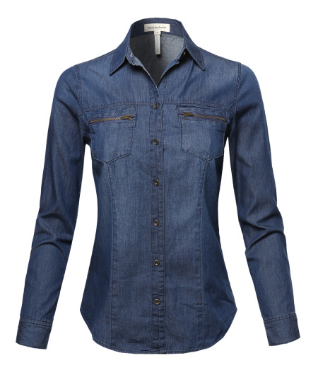 Women's Basic Classic Button Closure Roll Up Sleeves Chest Zipper Pocket Denim Chambray