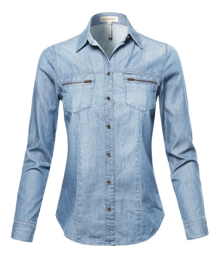 Women's Basic Classic Button Closure Roll Up Sleeves Chest Zipper Pocket Denim Chambray