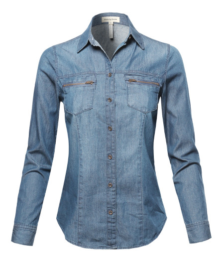 Women's Basic Classic Button Closure Roll Up Sleeves Chest Zipper Pocket Denim Chambray