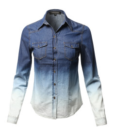 Women's Casual Tiedye Blue Roll Up Sleeves Flap Pockets Denim Chambray Shirt