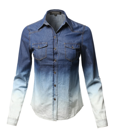 Women's Casual Tiedye Blue Roll Up Sleeves Flap Pockets Denim Chambray Shirt