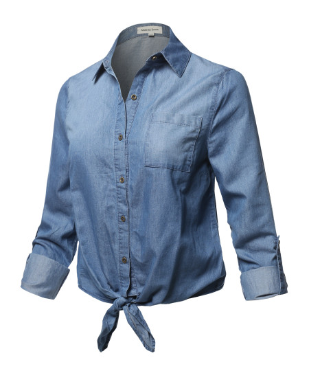 Women's Casual Adjustable Roll Up Sleeves Chest Pocket Front Tie Denim Shirt