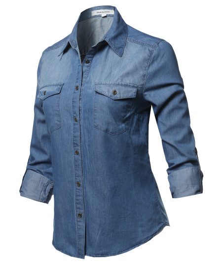 Women's Casual Adjustable Roll Up Sleeves Button Down Chest Pocket Denim Shirt