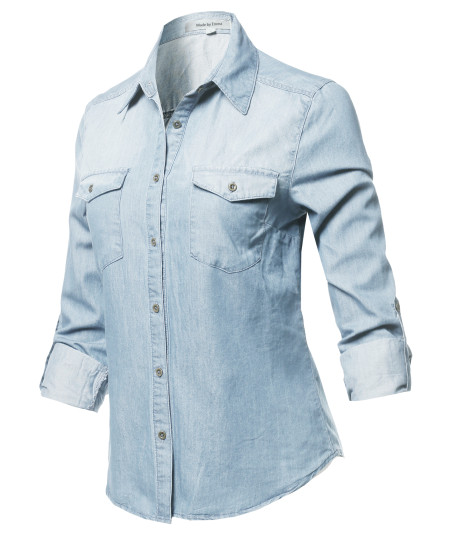 Women's Casual Adjustable Roll Up Sleeves Button Down Chest Pocket Denim Shirt