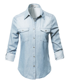 Women's Casual Adjustable Roll Up Sleeves Button Down Chest Pocket Denim Shirt