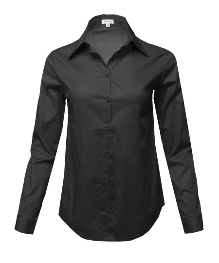 Women's Casual Work Basic Solid Stretch Long Sleeve Button Down Shirts Blouse
