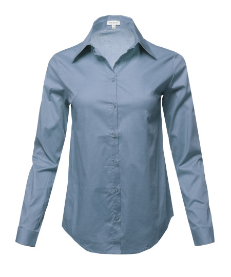 Women's Casual Work Basic Solid Stretch Long Sleeve Button Down Shirts Blouse