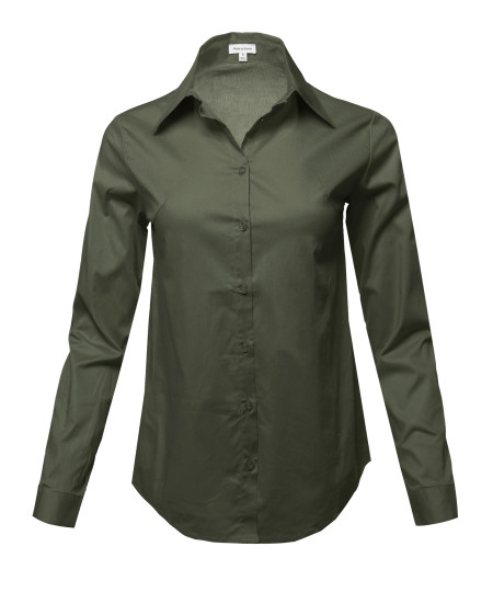 Women's Casual Work Basic Solid Stretch Long Sleeve Button Down Shirts Blouse