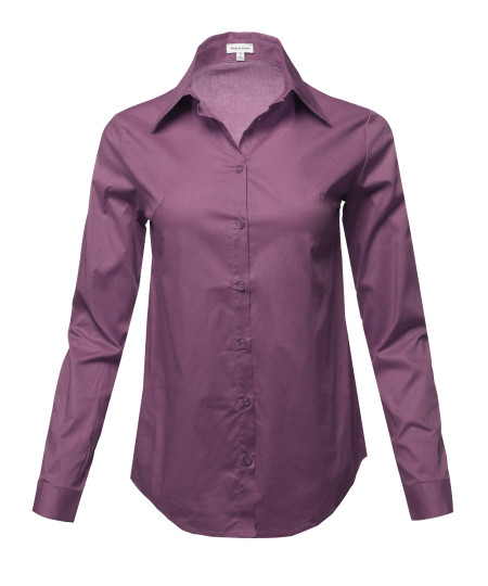 Women's Casual Work Basic Solid Stretch Long Sleeve Button Down Shirts Blouse