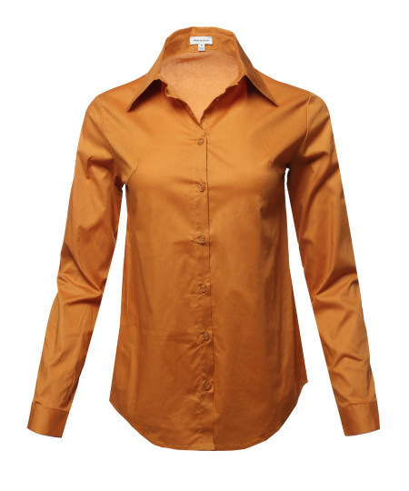 Women's Casual Work Basic Solid Stretch Long Sleeve Button Down Shirts Blouse