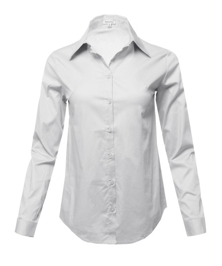 Women's Casual Work Basic Solid Stretch Long Sleeve Button Down Shirts Blouse