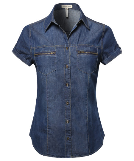 Women's Short Roll Up Sleeves Chest Pocket Denim Chambray