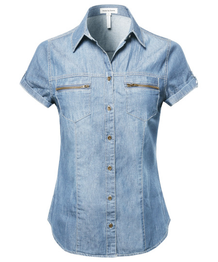 Women's Short Roll Up Sleeves Chest Pocket Denim Chambray