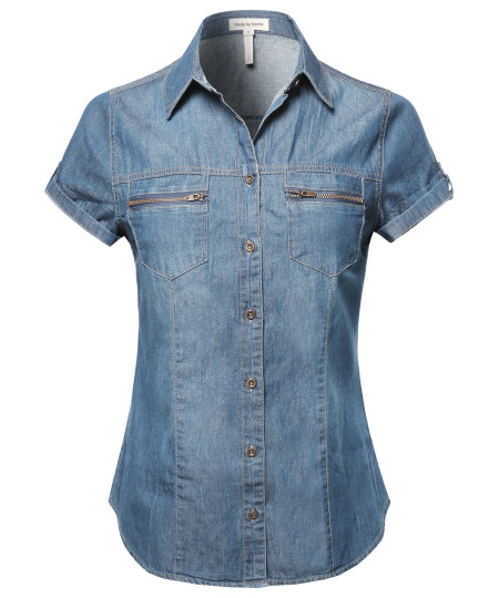 Women's Short Roll Up Sleeves Chest Pocket Denim Chambray