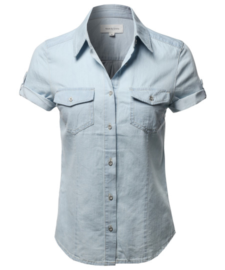 Women's Casual Adjustable Roll Up Short Sleeves Chest Pocket Denim Chambray Shirt