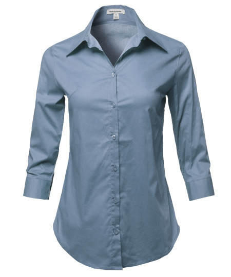 Women's Casual Work Basic Solid Stretch Popline 3/4 Sleeve Button Down Shirt Blouse