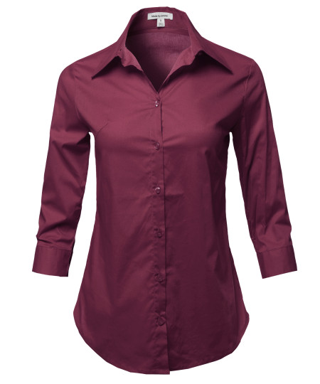 Women's Casual Work Basic Solid Stretch Popline 3/4 Sleeve Button Down Shirt Blouse