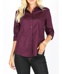 Women's Casual Work Basic Solid Stretch Popline 3/4 Sleeve Button Down Shirt Blouse