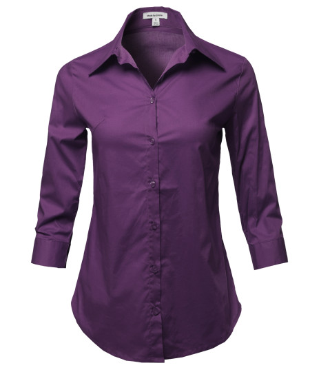 Women's Casual Work Basic Solid Stretch Popline 3/4 Sleeve Button Down Shirt Blouse