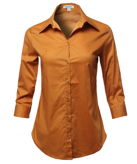 Women's Casual Work Basic Solid Stretch Popline 3/4 Sleeve Button Down Shirt Blouse