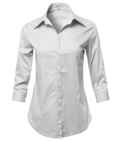 Women's Casual Work Basic Solid Stretch Popline 3/4 Sleeve Button Down Shirt Blouse