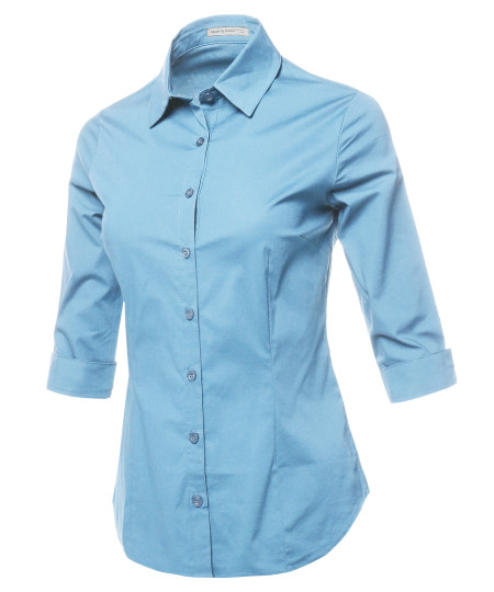 Women's Casual Work Basic Solid Stretch 3/4 Sleeve Button Down Collar Shirt Blouse