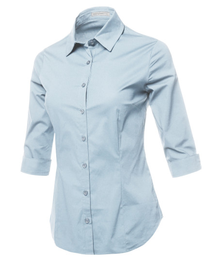 Women's Casual Work Basic Solid Stretch 3/4 Sleeve Button Down Collar Shirt Blouse