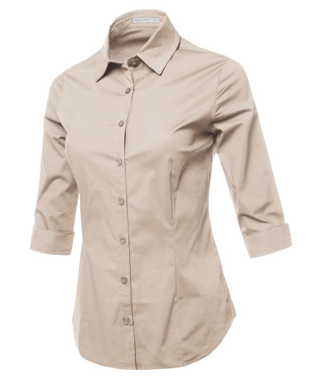 Women's Casual Work Basic Solid Stretch 3/4 Sleeve Button Down Collar Shirt Blouse