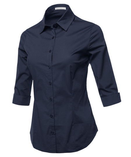 Women's Casual Work Basic Solid Stretch 3/4 Sleeve Button Down Collar Shirt Blouse