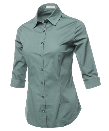 Women's Casual Work Basic Solid Stretch 3/4 Sleeve Button Down Collar Shirt Blouse