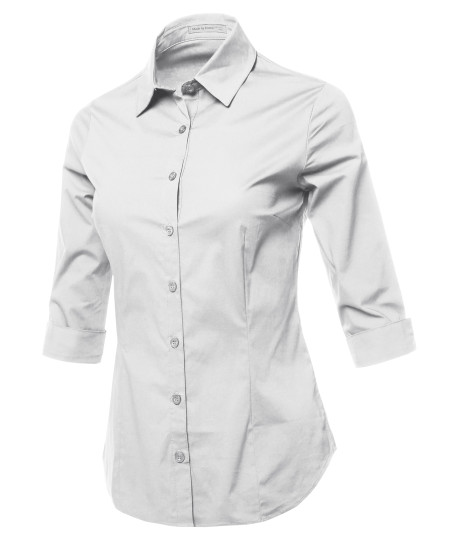 Women's Casual Work Basic Solid Stretch 3/4 Sleeve Button Down Collar Shirt Blouse