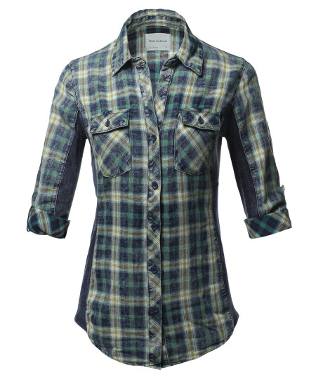 Women's Casual Washed Plaid 3/4 Sleeve Button down Shirt