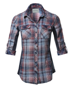 Women's Casual Washed Plaid 3/4 Sleeve Button down Shirt