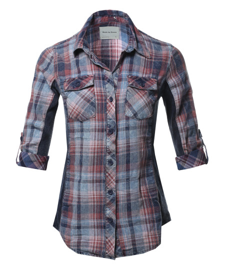 Women's Casual Washed Plaid 3/4 Sleeve Button down Shirt