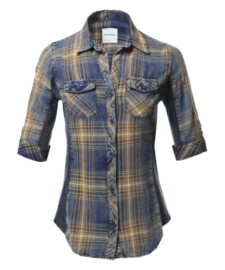 Women's Casual Washed Plaid 3/4 Sleeve Button down Shirt