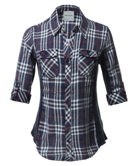 Women's Casual Washed Plaid 3/4 Sleeve Button down Shirt